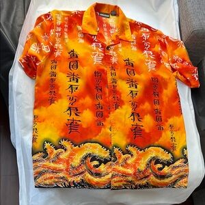 Vibrant Orange and Yellow Casual Button Down Shirt with Cultural Flair